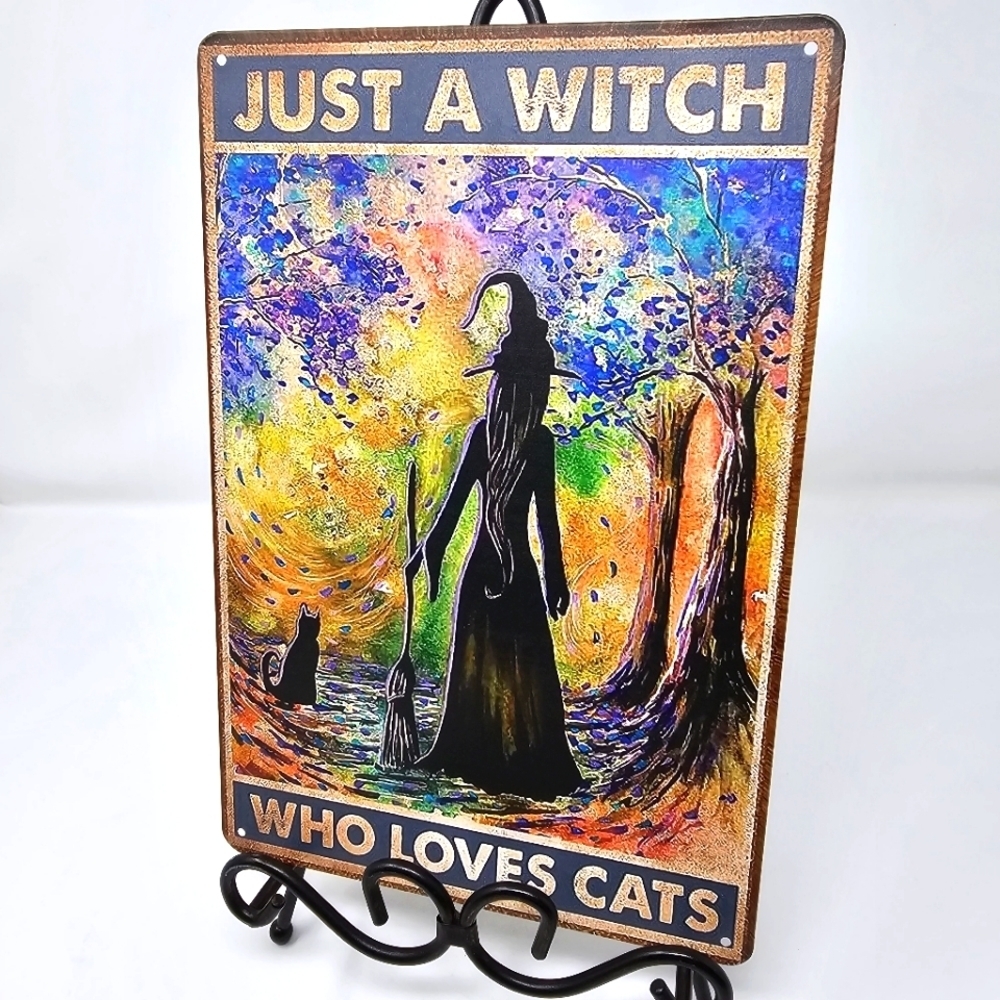Vintage Metal Sign ✦ Just A Witch ✦ Gold Blue Yellow Indoor Outdoor Decor
